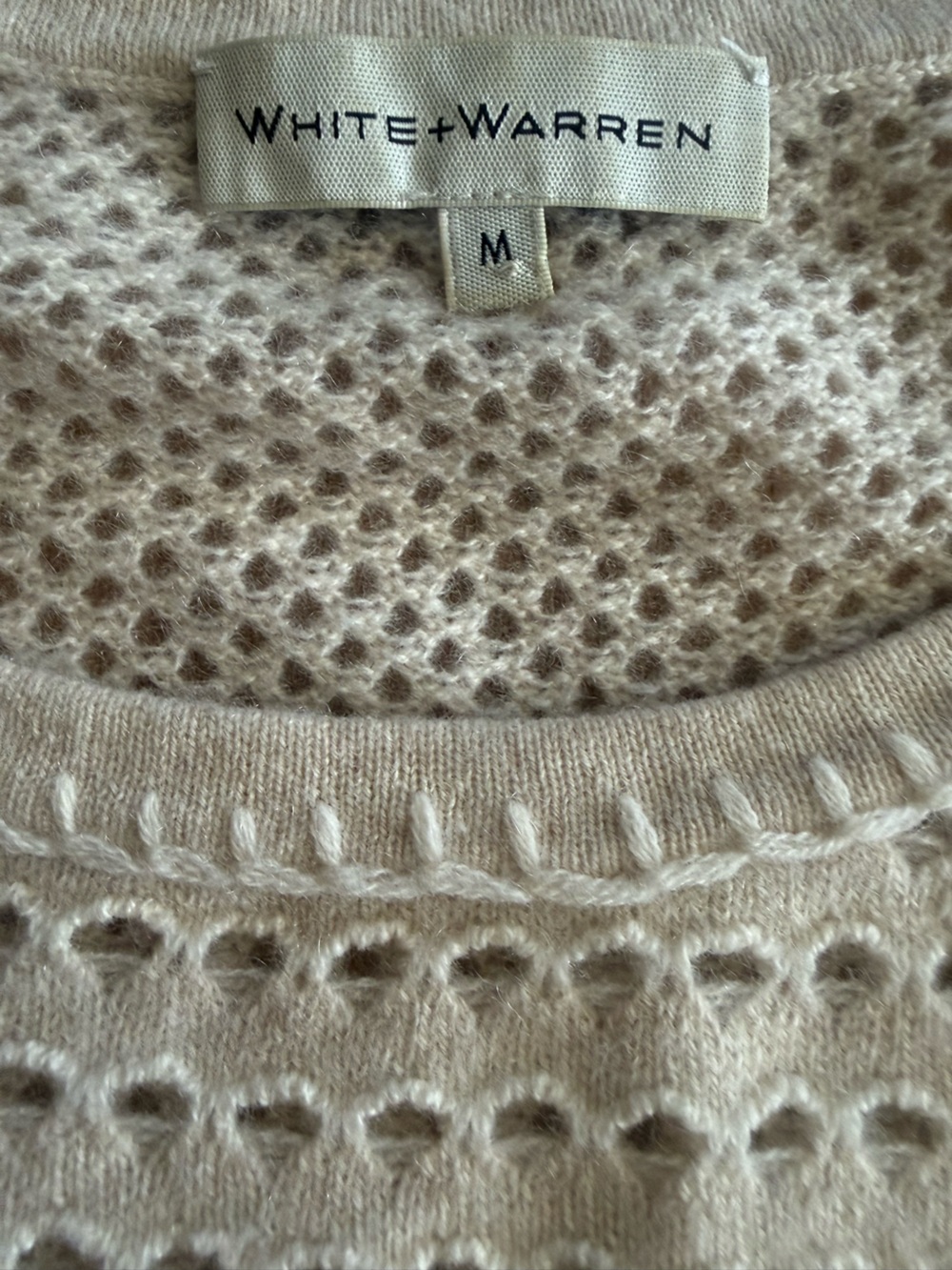 White + Warren 100% Cashmere Cream Beige‎ Open-Knit Pullover Sweater Size Medium - Picture 4 of 5